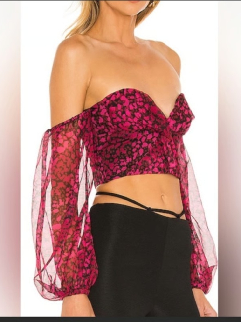 NBD Cara Leopard Black And Pink Off-Shoulder Bustier Crop Top